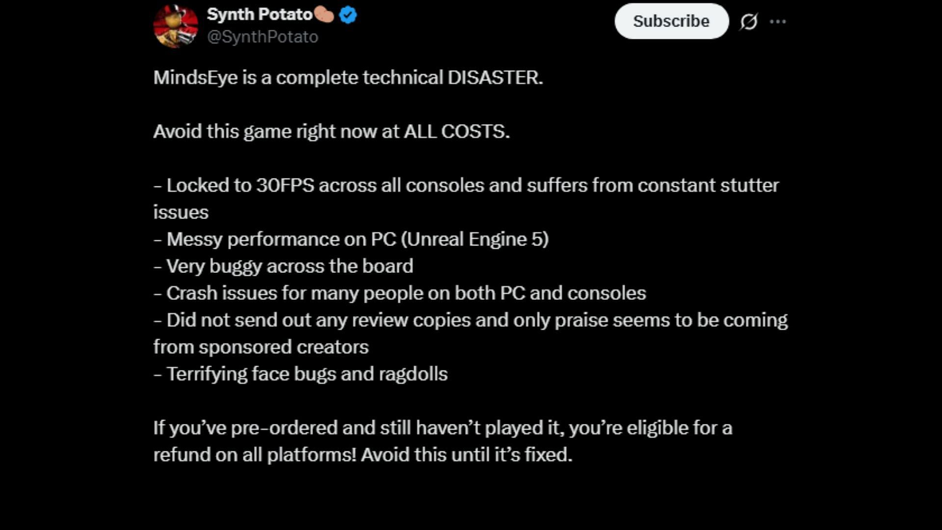 A screeshot of the @SynthPotato's post (Image via X)